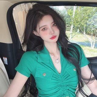 Plain Pleated Lace-up Cropped Top
