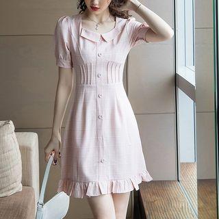 Short Sleeve Square Neck Plaid Frill Hem Mini Shift Dress