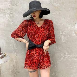 Leopard Print Elbow-sleeve Playsuit