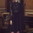 Set: Lace Long-sleeve Top + A-line Dress