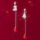 925 Sterling Silver Non-matching Christmas Tree Dangle Earring 1 Pair - S925 Sterling Silver - Bead - Red - One Size