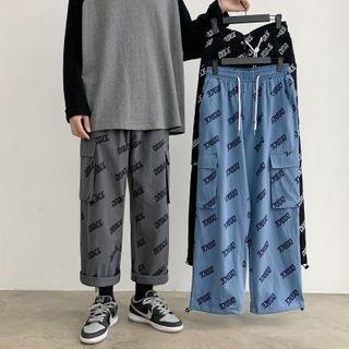 High-waist Drawstring Letter Printed Wide-leg Pants