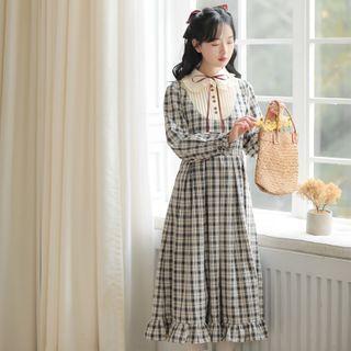 Plaid Long-sleeve Midi A-line Dress / Flower Embroidered Cropped Jacket
