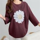 3/4-sleeve Flower Sequined T-shirt