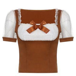 Puff-sleeve Bow Detail Ruffle T-shirt