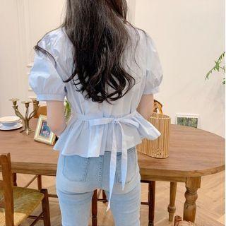 Short-sleeve Square-neck Tie-waist Cropped Blouse