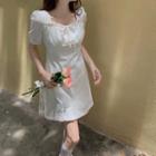 Short Sleeve Square Lace Up Plain A-line Dress