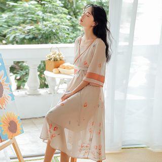 Set: Flower Print 3/4-sleeve Midi Dress + Slipdress