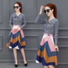 Set: Bow-tied Knit Top + Color Block Skirt