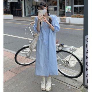 Elbow-sleeve Frill Trim Midi Shirt Dress Blue - One Size