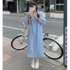 Elbow-sleeve Frill Trim Midi Shirt Dress Blue - One Size