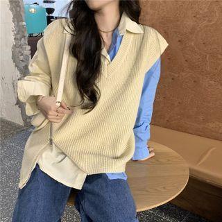 Color-block Long-sleeve Shirt / Plain V-neck Knit Vest