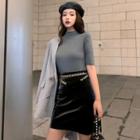 Elbow-sleeve Mock-neck T-shirt / Faux Leather Fitted Skirt With Belt Bag