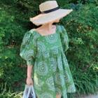 Patterned Short-sleeve A-line Dress Green - One Size