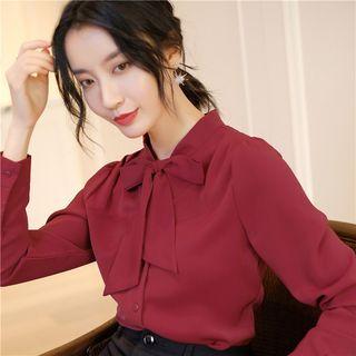 Long-sleeve Ribbon Chiffon Shirt / A-line Mini Skirt / Dress Pants / Set