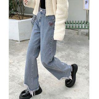 Frayed Butterfly Embroidered Loose-fit Jeans