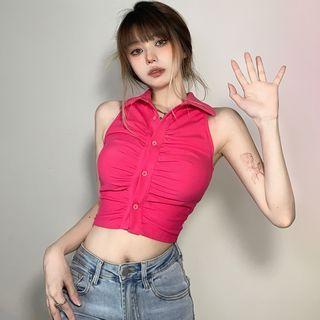 Halter-neck Shirred Collared Crop Top