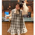 Tie-front Shirt / Sleeveless Plaid Mini Dress / Set