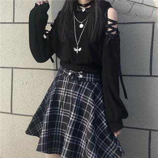 Lace Up Cold-shoulder Sweatshirt / Plaid Mini A-line Skirt