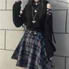 Lace Up Cold-shoulder Sweatshirt / Plaid Mini A-line Skirt