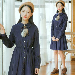 Plain Long-sleeve Corduroy Dress