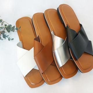 Faux Leather Cross-strap Slide Sandals