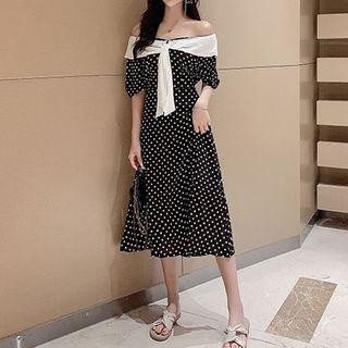 Off-shoulder Polka Dot Tie Neck Dress