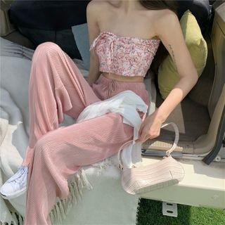 Floral Cropped Tube Top / Cropped Cardigan / Wide-leg Pants