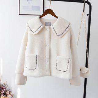 Contrast Stitching Collared Single-breasted Jacket White - One Size