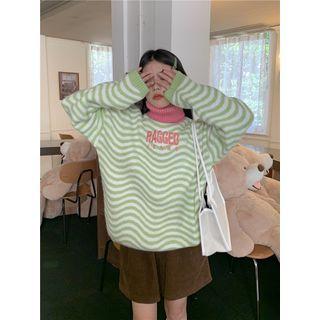Turtleneck Letter Embroidered Striped Sweater Striped - Green & White - One Size