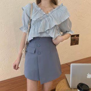 Puff-sleeve V-neck Frill Trim Top / Mini A-line Skirt