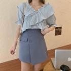 Puff-sleeve V-neck Frill Trim Top / Mini A-line Skirt
