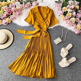 Tie-waist Lapel Short-sleeve Pleated Dress