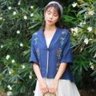Embroidered Elbow-sleeve Chinese Knot Button Light Jacket