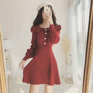 Ruffle Collar Long-sleeve A-line Knit Dress