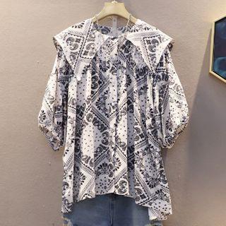 Puff-sleeve Paisley Print Wide-collar Blouse