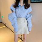 Long-sleeve Cutout Shirt / Faux Leather Mini A-line Skirt