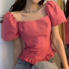 Puff-sleeve Square-neck Wood Ear Trim Blouse