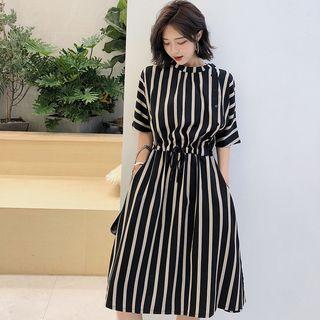 Elbow-sleeve Striped Midi A-line Dress