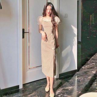 Puff-sleeve Frog Button Plaid Dress
