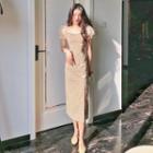 Puff-sleeve Frog Button Plaid Dress
