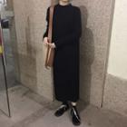 Plain Long-sleeve Midi Knit Dress Black - One Size