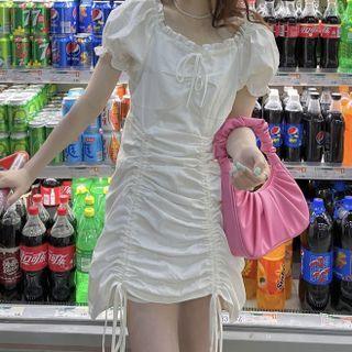 Puff-sleeve Off-shoulder Drawstring Mini Sheath Dress