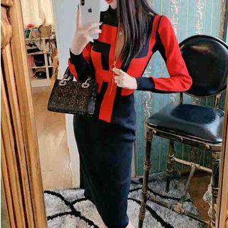 Two-tone Zip-up Sheath Knit Dress