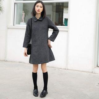 Plain Collared Long-sleeve Midi Dress