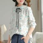 Long-sleeve Floral Blouse Light Gray - One Size