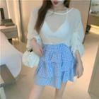 Long Sleeve Lace Up Sheer Top/ High Waist Plaid Layered Skirt