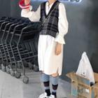 Long-sleeve Midi A-line Shirt Dress / Plaid Knit Vest