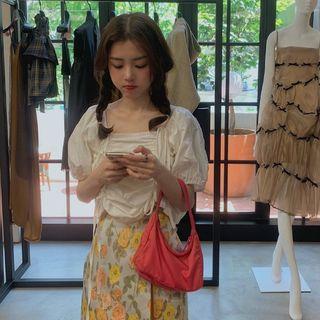 Puff-sleeve Crinkled Top / Mini Floral A-line Skirt