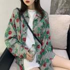 Long-sleeve Rose Printed Shirt Green - One Size